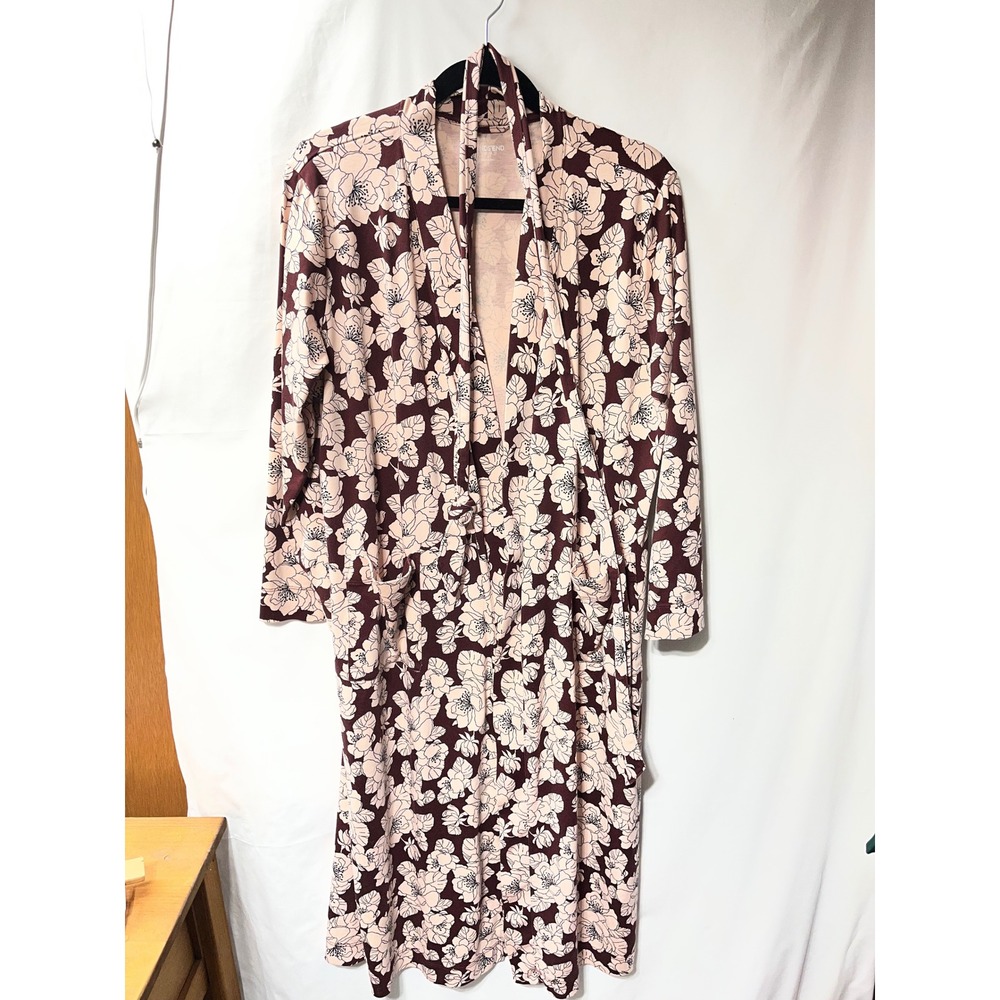 Lands End Floral Robe Womens XL Petite Burgundy Cream Long Sleeve Knit Wrap